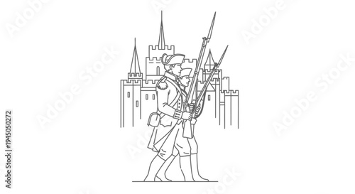 Historical Soldiers Marching Past Castle Illustration