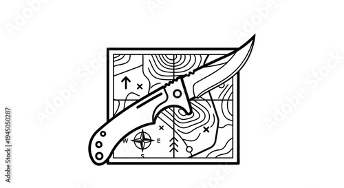 Hunting Knife on Topographic Map with Compass Rose, Outdoor Adventure Symbol