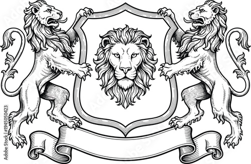 Heraldic lion crest with shield and decorative banner, vintage royal coat of arms illustration with lions supporters, classic medieval emblem design in black