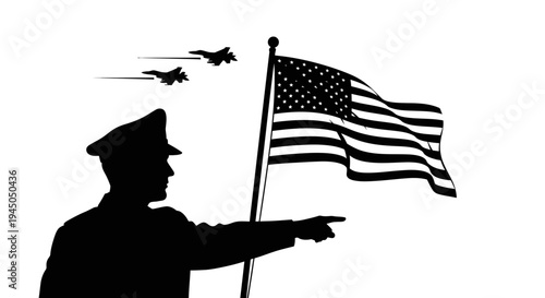 Military Commander Points Forward with US Flag and Fighter Jets Flying