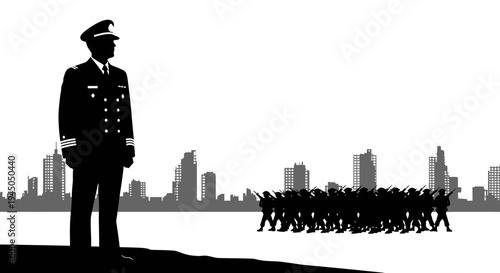 Military Commander Overseeing Troops Marching Past City Skyline Silhouette