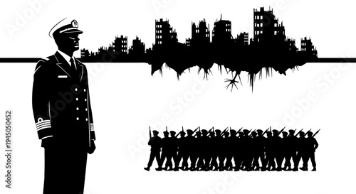 Military Commander Oversees Destroyed City and Marching Soldiers Silhouette