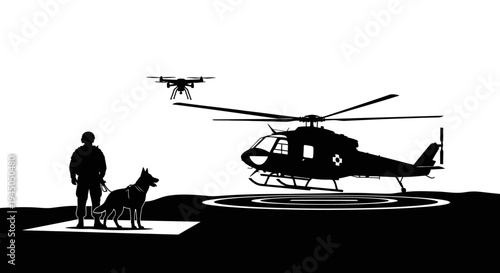 Military drone and helicopter operation with soldier and police dog