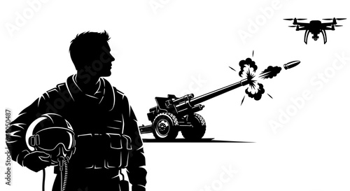 Military Drone Pilot with Artillery and Drone in Action