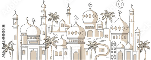 Islamic cityscape with mosques domes minarets palm trees, cultural architecture artwork illustration, religious heritage design, decorative historical concept graphic
