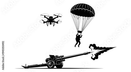 Military Drone, Paratrooper, and Cannon Firing - Modern Warfare and Technology