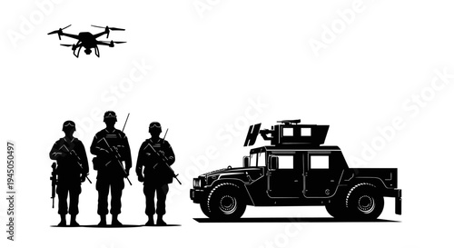 Military Drone, Soldiers, and Humvee - Modern Warfare and Surveillance