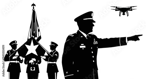 Military Drone Surveillance and Flag Ceremony: Officer Directs Drone, Soldiers Hold Flag