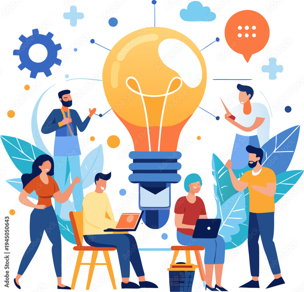 Fototapeta premium Startup team brainstorming ideas with light bulb concept, creative business planning scene, modern vector illustration, white background