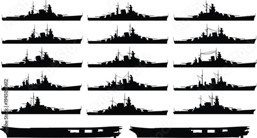 Warship and aircraft carrier naval military ship silhouette collection navy fleet vector illustration isolated on white background defense concept