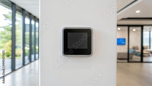 adu small home Modern smart thermostat mounted on a white wall in a bright, spacious office environment with glass partitions.