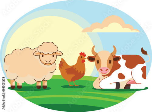 Farm animal set with sheep hen and cow in oval rural landscape on green grass under sun