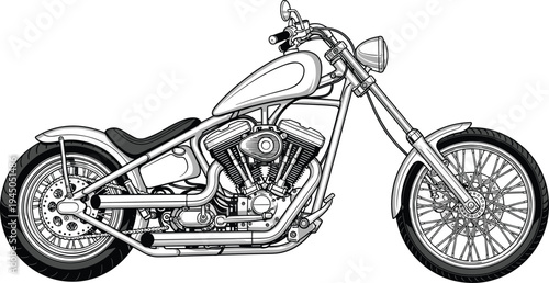 Detailed vector illustration of a custom chopper motorcycle with chrome engine parts isolated on white background for classic biker designs