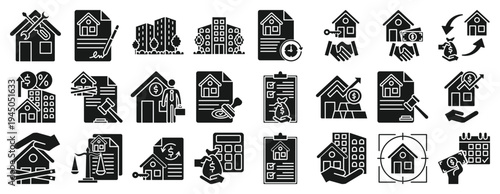 Real Estate and Property Icon Set. Solid Style Icons Including mortgage, home loan, real estate contract, property tax, property investment, property appraisal, rent, home sale and housing market conc