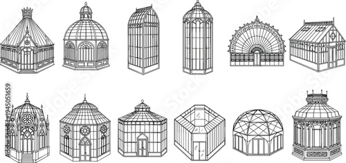 Large Collection of Ornate Greenhouse and Conservatory Line Art Illustrations Featuring Victorian Glasshouse Designs Orangeries and Botanical Garden Architecture Isolated on White Background Vector