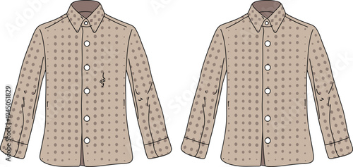 Beige polka dot shirt front view, long sleeve button-down fashion garment, tailoring marks, collar detail, cad drawing flat vector illustration
