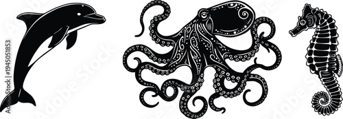 Black and white dolphin, octopus, seahorse illustration, marine life drawing, ocean animal art, aquatic creature sketch, detailed stock image