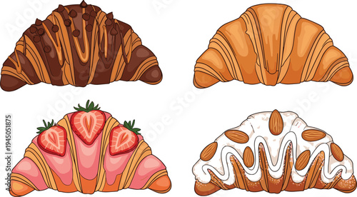 Croissant pastry set with chocolate strawberry almond and plain butter croissants bakery dessert breakfast food vector illustration collection