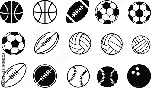 Black and white sports ball icons, basketball, football, soccer, volleyball, baseball, bowling, vector set for athletic design, illustration, branding