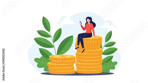 Young woman sitting on high stack of gold coins while using smartphone for online banking and investment tracking.