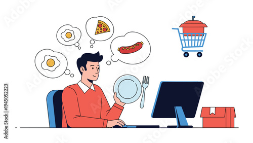 Person sitting at desk and ordering food online through computer while thinking about various meal options.