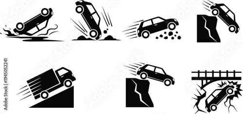 Dangerous car accident and falling vehicle silhouette icon set with cliff crash rollover bridge impact and off road hazard vector
