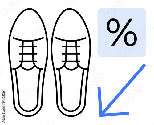 Retail marketing, discounts, sales promotions, online shopping, savings, footwear shopping. Pair of shoes with percentage symbol and arrow. Retail marketing and discounts concept