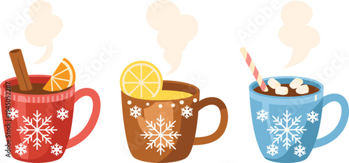 Winter hot drinks illustration set with cocoa, coffee and mulled tea mugs, cinnamon, orange, lemon, marshmallow festive vector