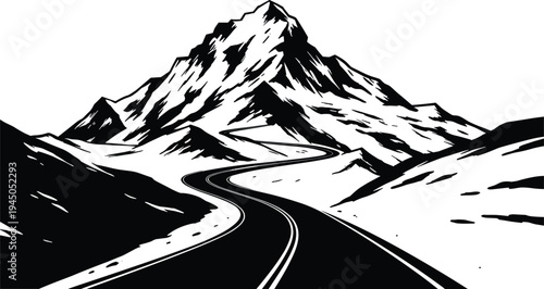 Black and white vector illustration of a winding road leading through snow-covered mountains, perfect for adventure, travel, and scenic landscape designs
