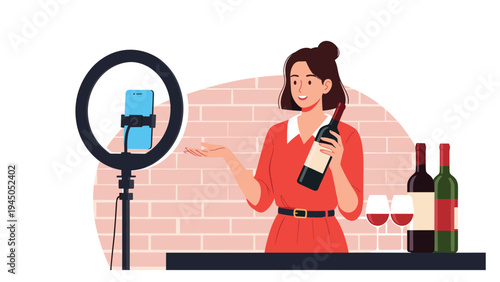 Female influencer live streaming wine tasting review using smartphone and ring light for social media content.