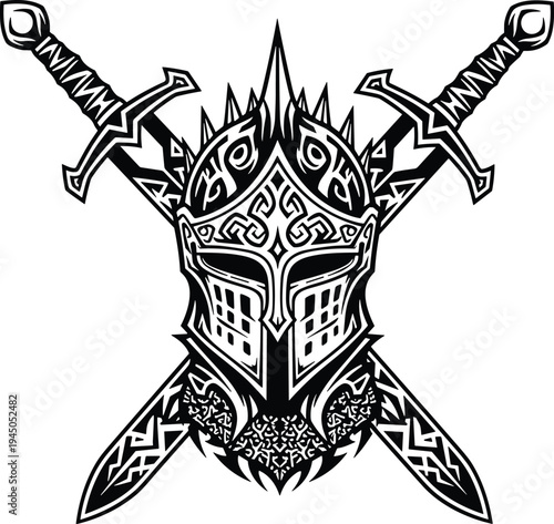 Medieval Knight Helmet and Crossed Swords Crest Illustration Black and White Warrior Emblem Design for Gaming Logos Esports and Apparel Isolated on White Background