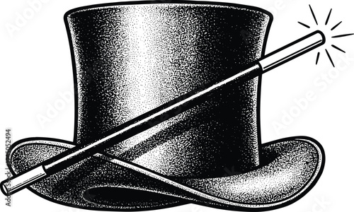Magician top hat with magic wand, vintage engraving style illustration of classic magic trick symbol isolated on white background for entertainment design