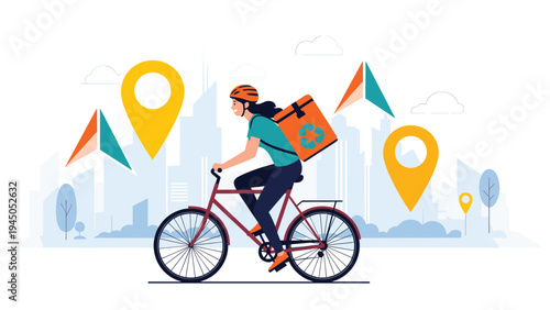 Delivery woman riding bicycle through city to deliver packages with backpack and map location markers.
