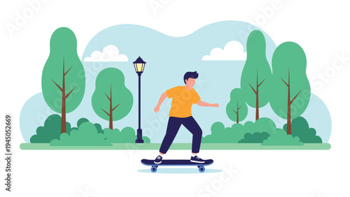 Young man enjoying outdoor recreation and skateboarding in beautiful green park with trees on sunny day.