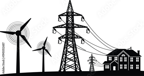 Electric power transmission tower with wind turbines and residential house silhouette renewable energy electricity supply infrastructure vector illustration landscape