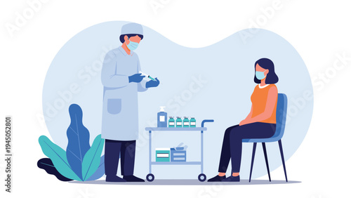 Medical worker in protective suit and mask preparing vaccine injection for female patient in hospital clinic.