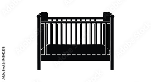 A stark black baby crib is presented in a simple minimalist form a bold silhouette