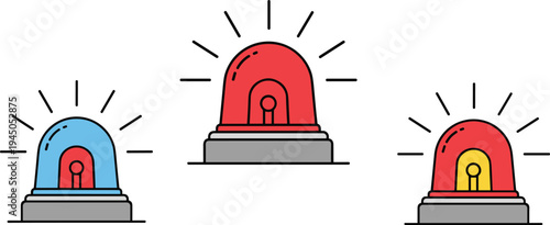 Emergency alarm siren light set with red blue and warning beacon signals police alert security vector illustration icons