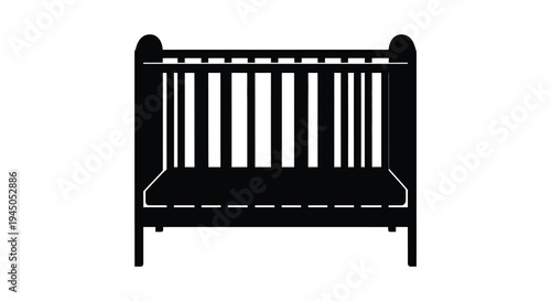 A simple black silhouette of a classic wooden baby crib against a white background silhouette