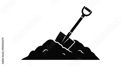 A black silhouette of a shovel plunged into a mound of earth symbolizing gardening work silhouette