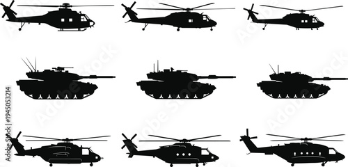 Military Vehicle Silhouettes Set Featuring Armored Battle Tanks and Diverse Helicopter Models Isolated on White for Tactical Defense Air Force and Army Graphic Design Projects