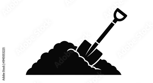 A black silhouette depicting a shovel stuck in a mound of earth and bricks silhouette