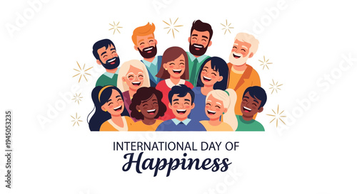 Illustration of diverse people celebrating International Day of Happiness with a joyful and positive mindset concept on a white background.