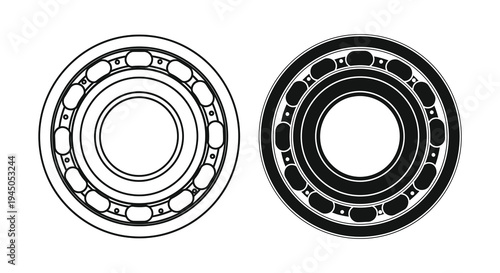 Two circular ball bearings are displayed in a contrasting black and white illustration silhouette high quality