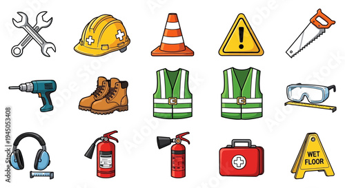 Set of construction and safety icons including hard hat, cones, safety vest, boots, drill, fire extinguisher, first aid kit, and wet floor sign