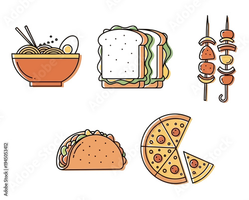 A collection of delicious fast food icons, including ramen, sandwich, skewers, taco, and pizza slices, presented in a minimalist flat design style, perfect for menus and food-related graphics