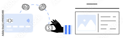 Digital payments, online shopping, financial services, e-commerce, secure transactions, money transfer. Modern graphic of a credit card, coins and website interface. Digital payments and financial