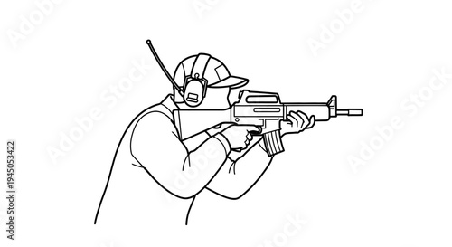 Man aiming rifle with ear protection, tactical training, shooting sports, firearm safety