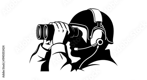 Man in headset looking through binoculars, surveillance, observation, strategy, military, security, investigation