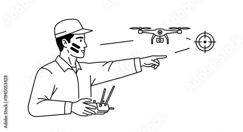 Man controlling drone with remote, pointing at target with camera, surveillance concept